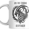 Mug signe astrologique Capricorne personnalisé : tête de bouquetin aux cornes recourbées, prénom et date de naissance
