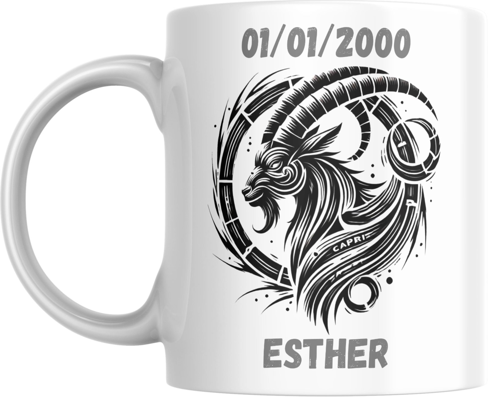 Mug signe astrologique Capricorne personnalisé : tête de bouquetin aux cornes recourbées, prénom et date de naissance