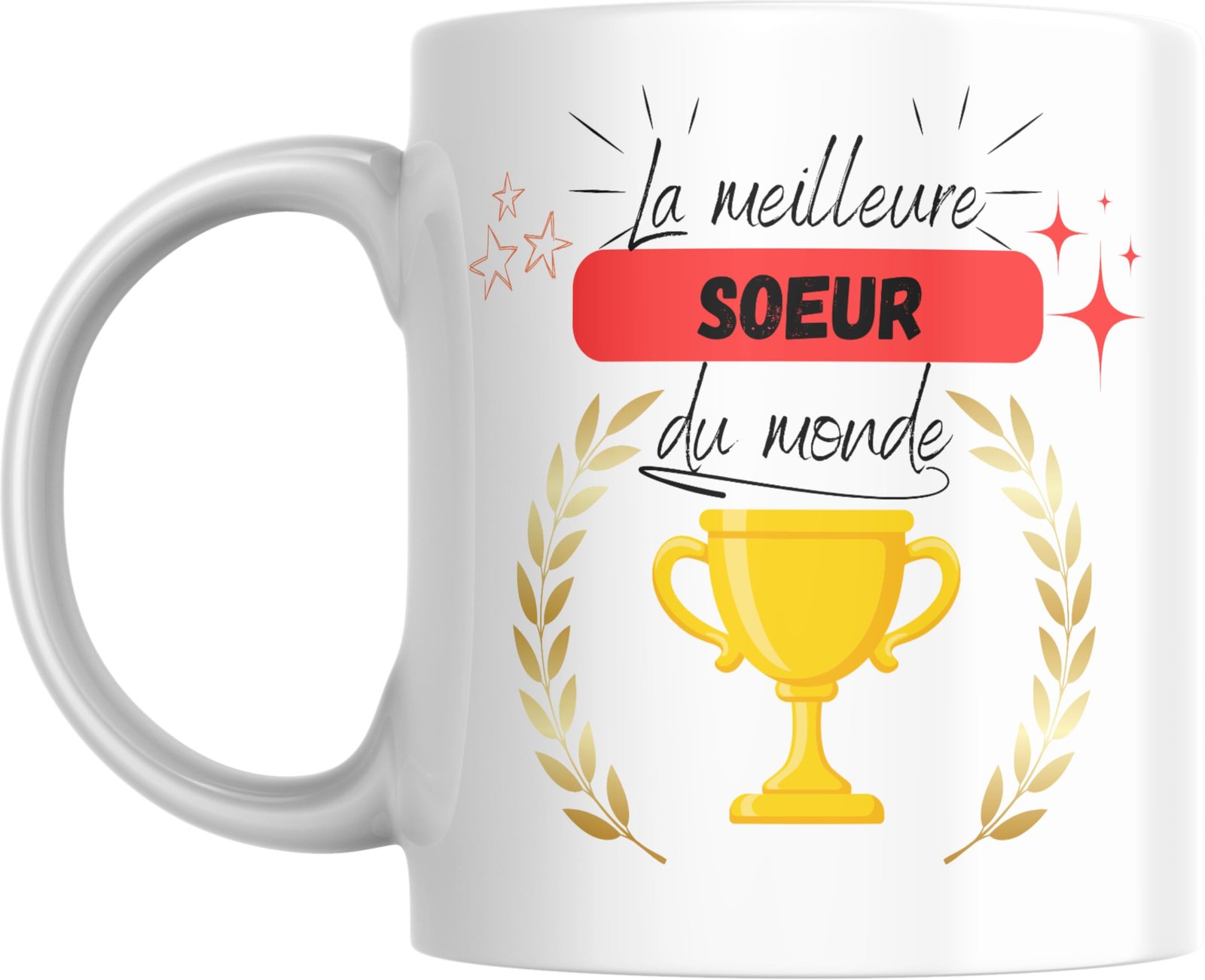 Mug meilleure sœur du monde avec coupe dorée et bannière rouge