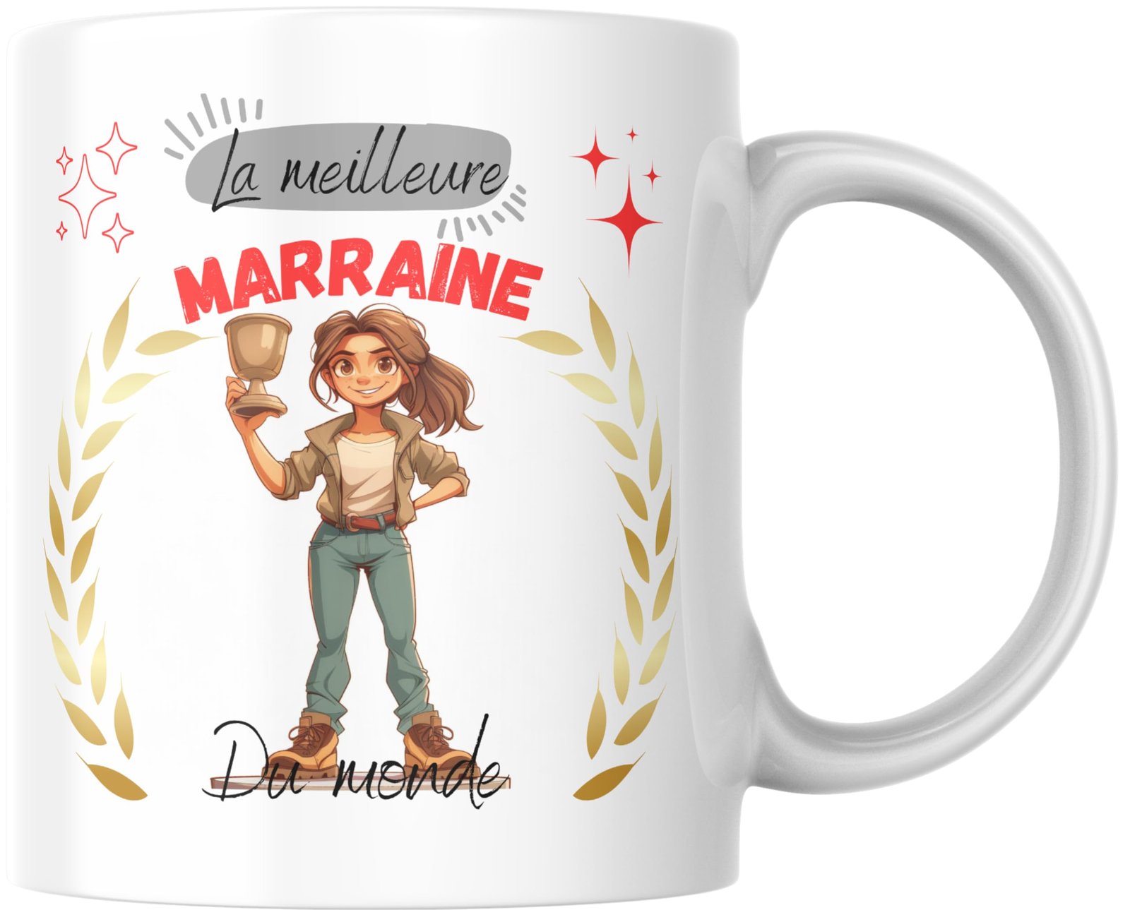 Mug meilleure marraine du monde, laurier et étoiles rouges