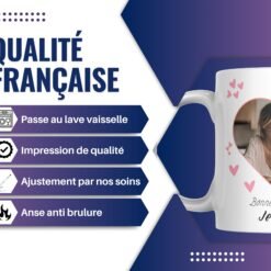 Infographie du mug photo cœur personnalisé : passe au lave-vaisselle, impression de qualité, ajustement par nos soins, anse anti-brûlure