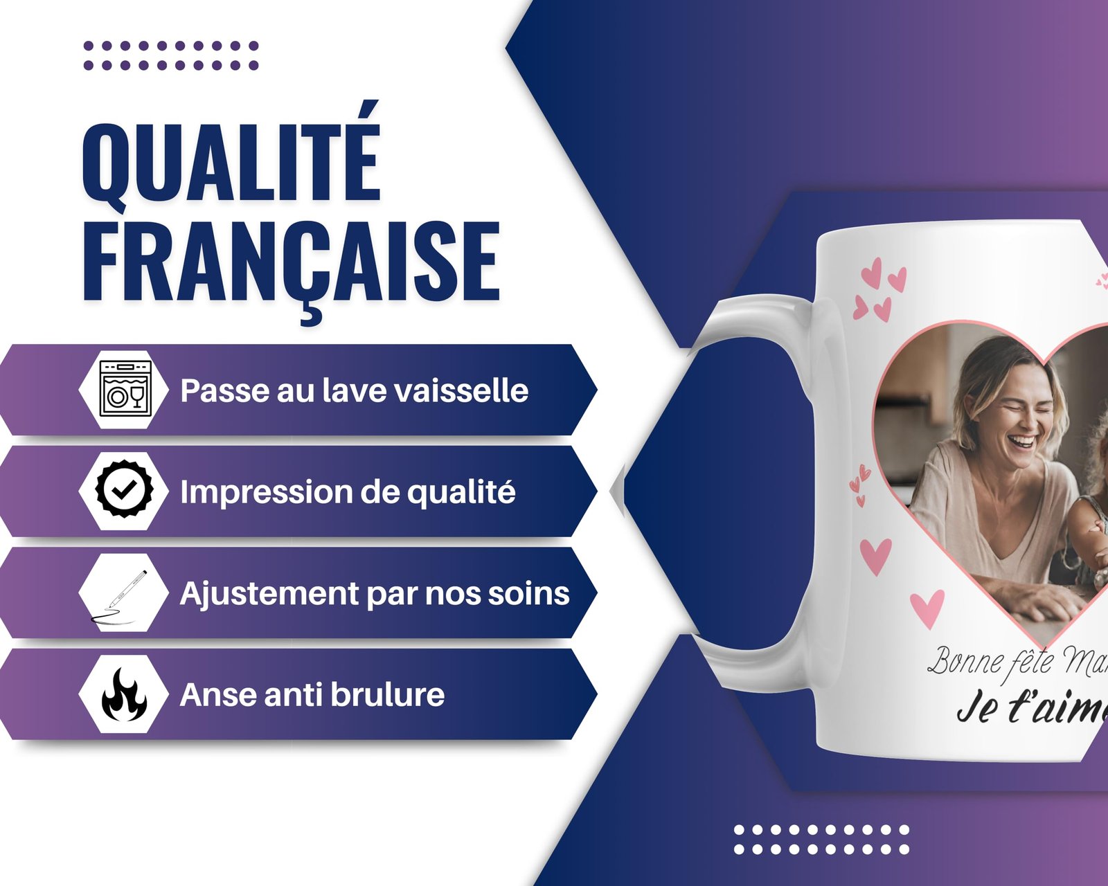 Infographie du mug photo cœur personnalisé : passe au lave-vaisselle, impression de qualité, ajustement par nos soins, anse anti-brûlure