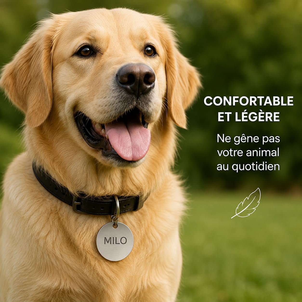 Golden retriever portant au collier une médaille ronde gravée Milo