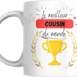 Mug meilleur cousin du monde avec coupe dorée et bandeau rouge