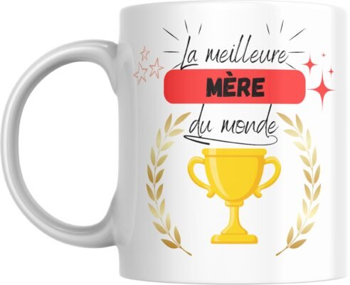 Mug meilleure mère du monde avec coupe dorée et bannière rouge