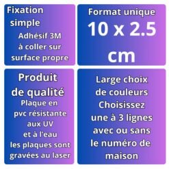 Infographie de la plaque boîte aux lettres : fixation adhésive, format 10 x 2,5 cm, PVC gravé au laser, 15 couleurs