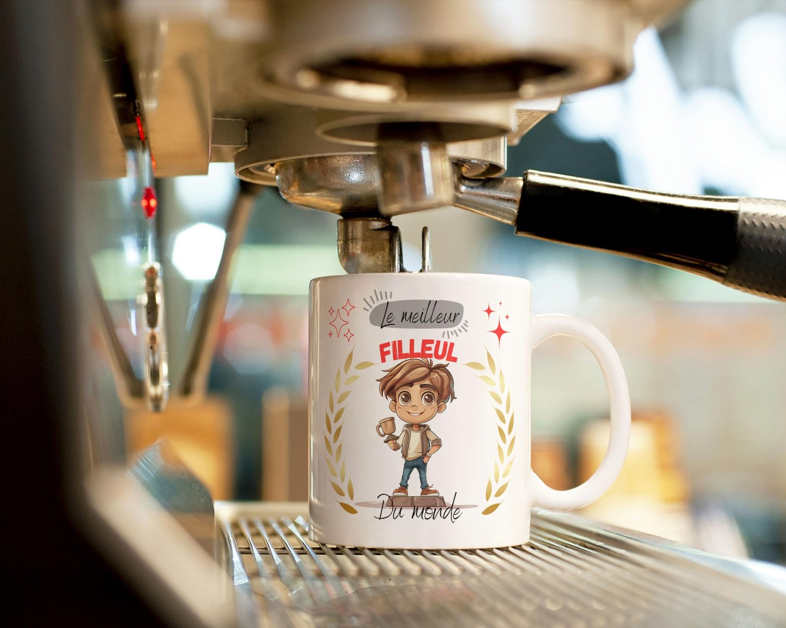 Mug meilleur filleul du monde sous une machine à café expresso
