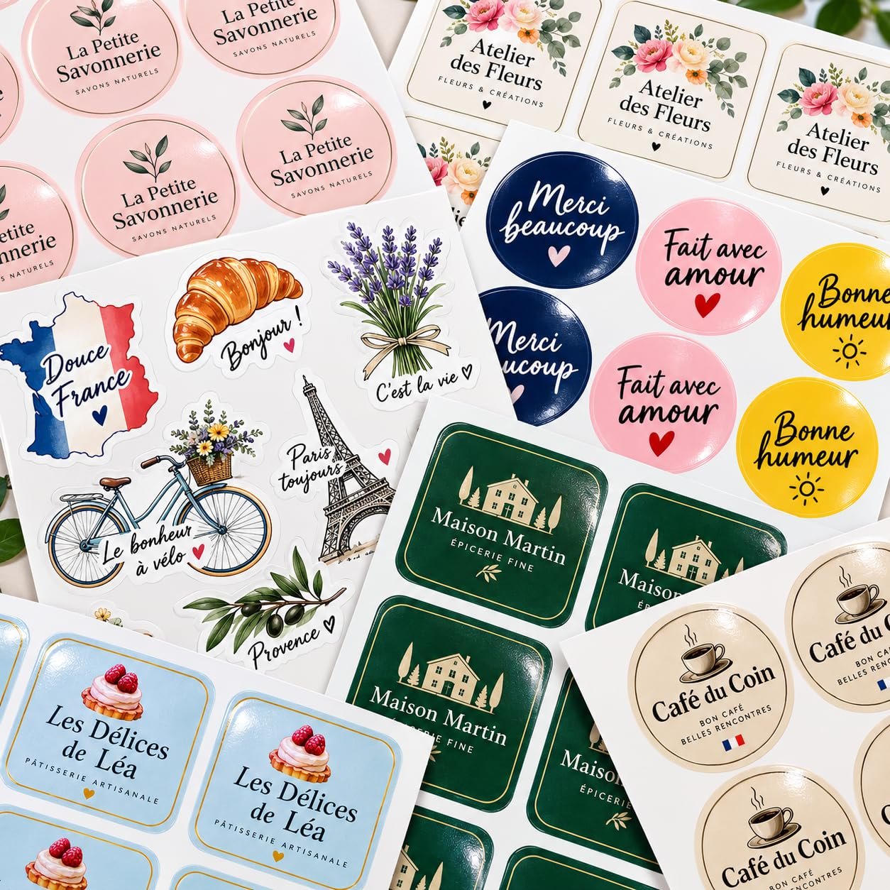 Planches de stickers personnalisés ronds et carrés aux bords arrondis avec des logos de boutiques
