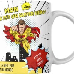 Mug papa super héros avec un papa en cape qui survole la ville