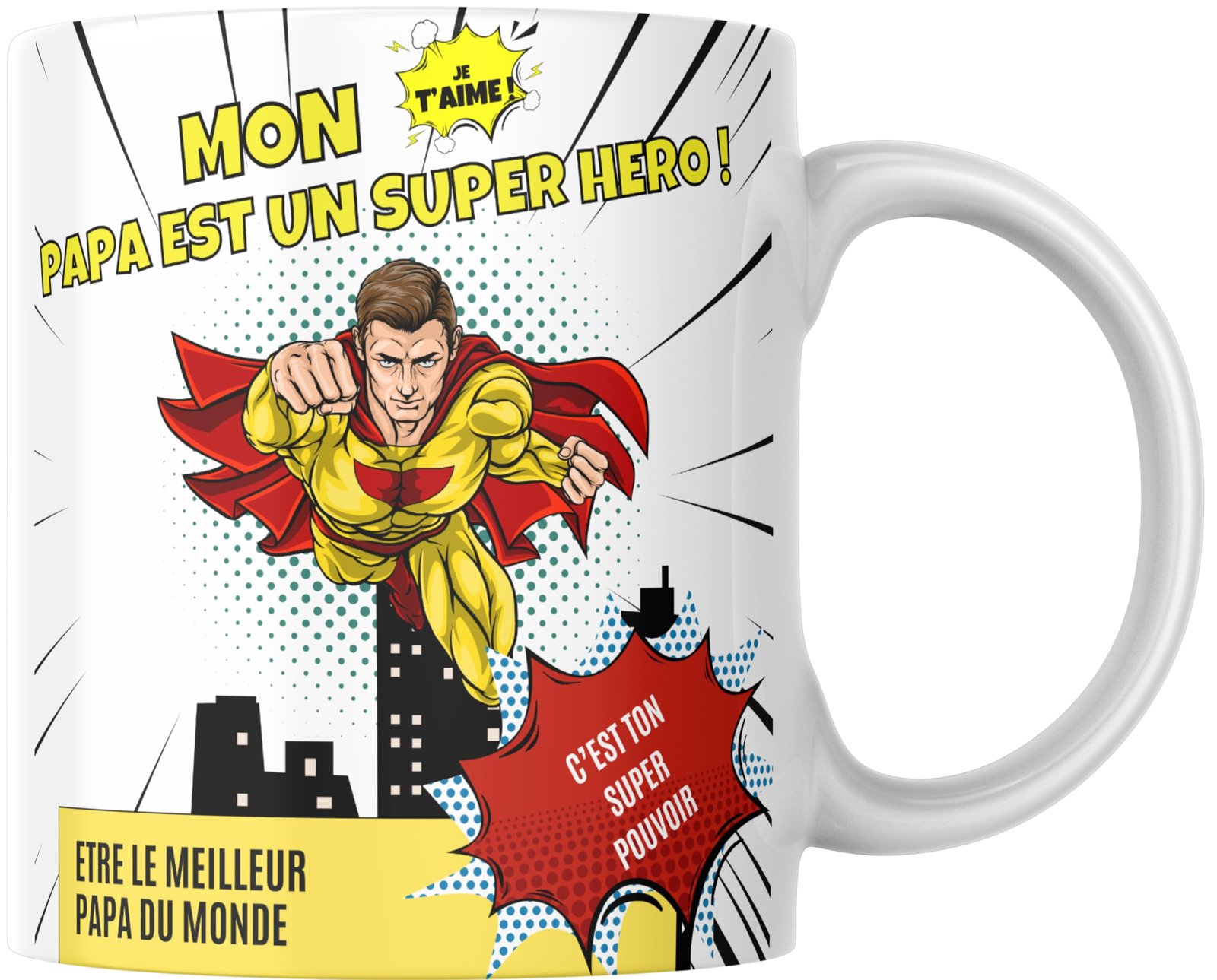 Mug papa super héros avec un papa en cape qui survole la ville