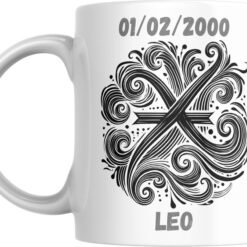 Mug signe astrologique Verseau personnalisé : ondes entrecroisées et remous, prénom et date de naissance