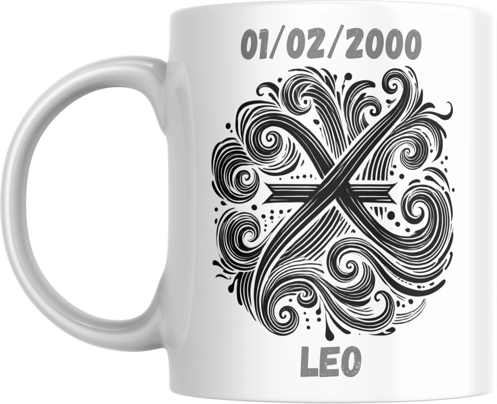 Mug signe astrologique Verseau personnalisé : ondes entrecroisées et remous, prénom et date de naissance