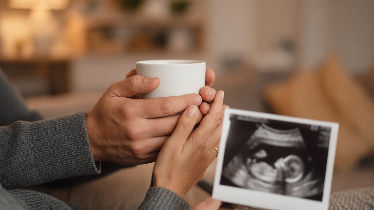 Mains d’un couple tenant ensemble un mug blanc et un cliché d’échographie, moment d’annonce de grossesse
