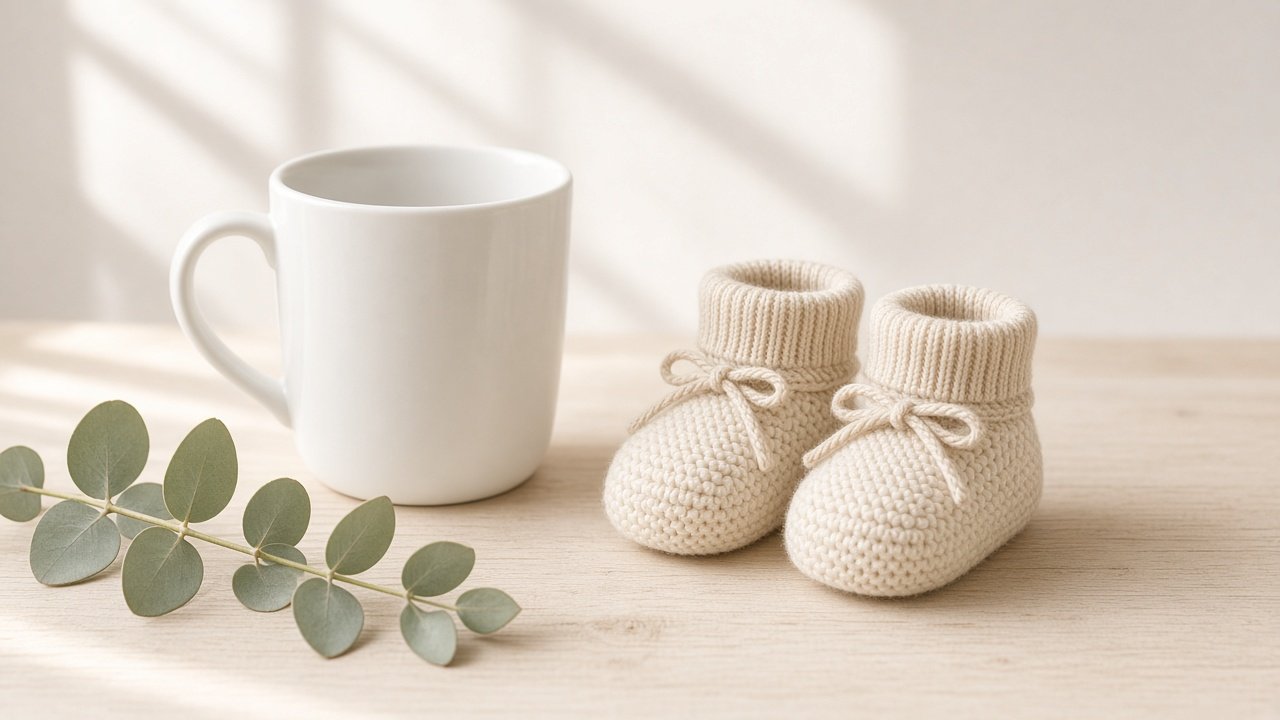 Mug blanc posé sur une table en bois à côté d’une petite paire de chaussons de bébé en laine, pour une annonce de grossesse