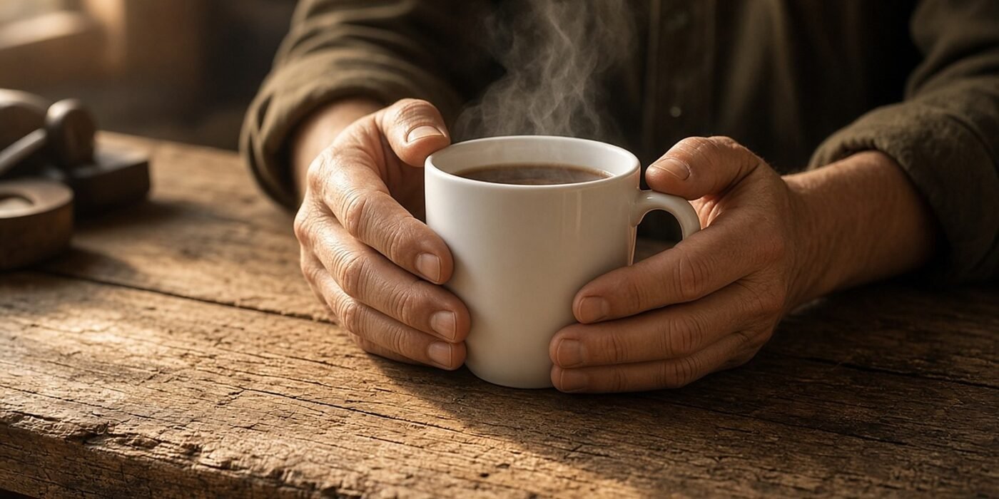 Mains autour d'un mug blanc