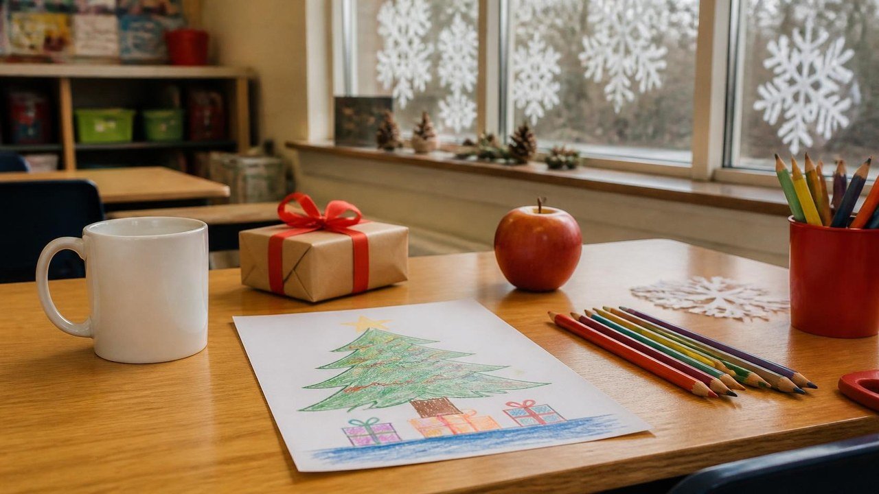 Bureau d’une classe en décembre avec un mug blanc, un petit cadeau, une pomme rouge, des crayons de couleur et un dessin de sapin fait par un enfant