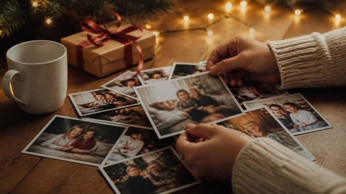 Mains triant des photos de famille imprimées sur une table en bois, à côté d’un mug blanc et d’un cadeau de Noël, devant des guirlandes lumineuses