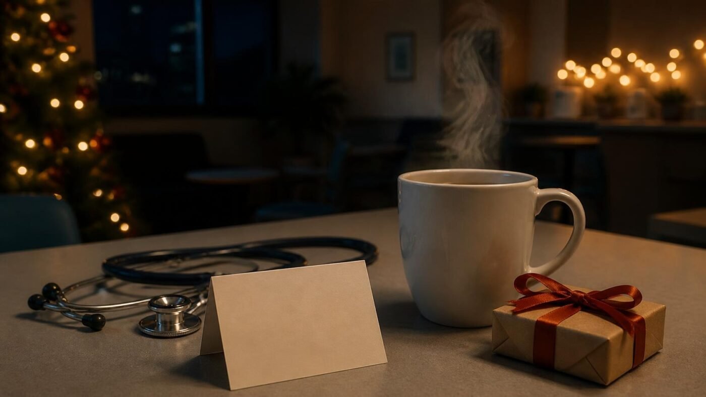 Mug fumant sur une table de salle de pause la nuit, à côté d’un stéthoscope, d’une carte de remerciement et d’un petit cadeau de Noël, devant un sapin illuminé