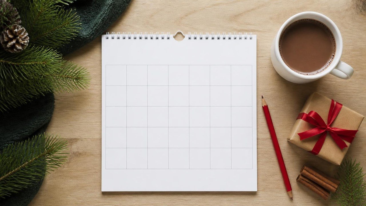 Calendrier vierge posé sur un bureau en bois avec un crayon rouge, un petit cadeau emballé, un mug de chocolat chaud et des branches de sapin
