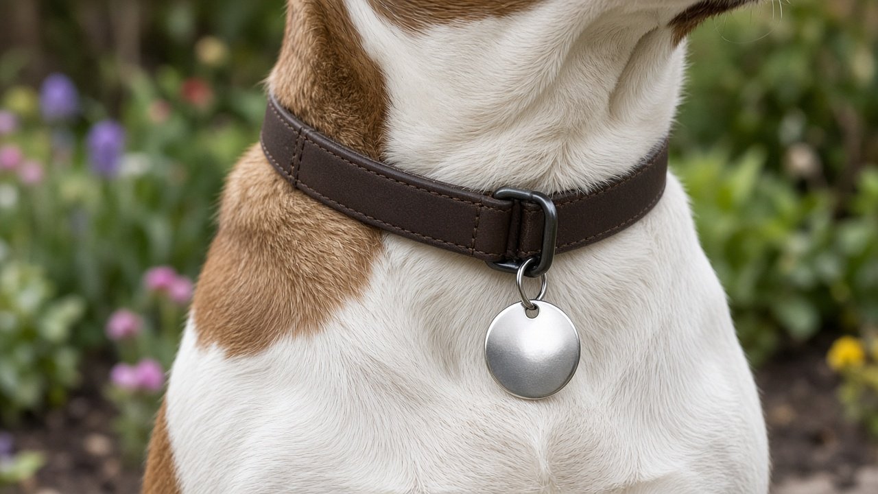 Gros plan sur le collier d’un chien assis dans l’herbe, avec une médaille ronde en acier sans gravure