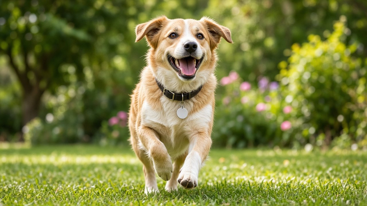 Chien joyeux courant dans un jardin ensoleillé avec un collier et une médaille ronde sans inscription