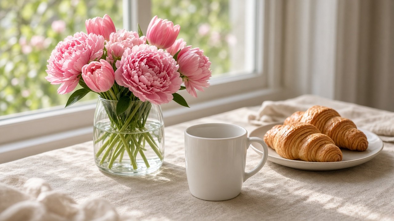 Table de petit-déjeuner ensoleillée avec un mug blanc, un bouquet de fleurs printanières et des croissants pour la fête des mères