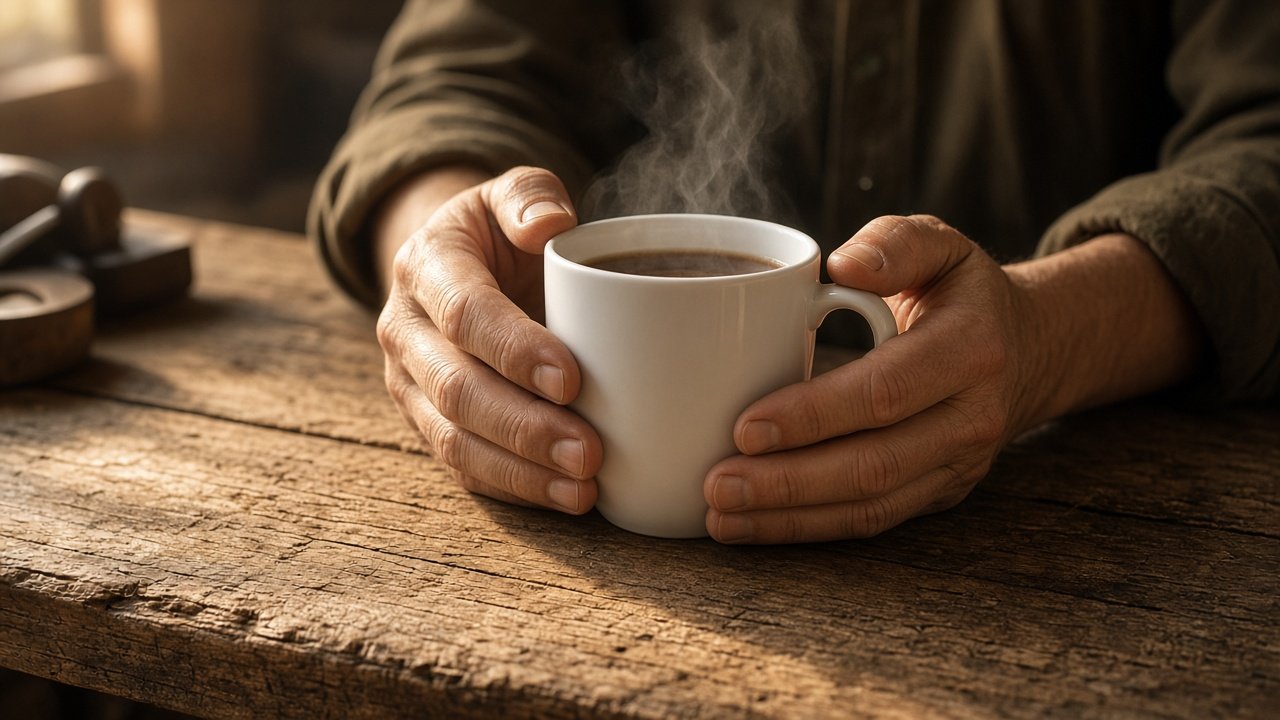Mains d’un homme tenant un mug blanc de café fumant sur un établi en bois, ambiance chaleureuse de fête des pères