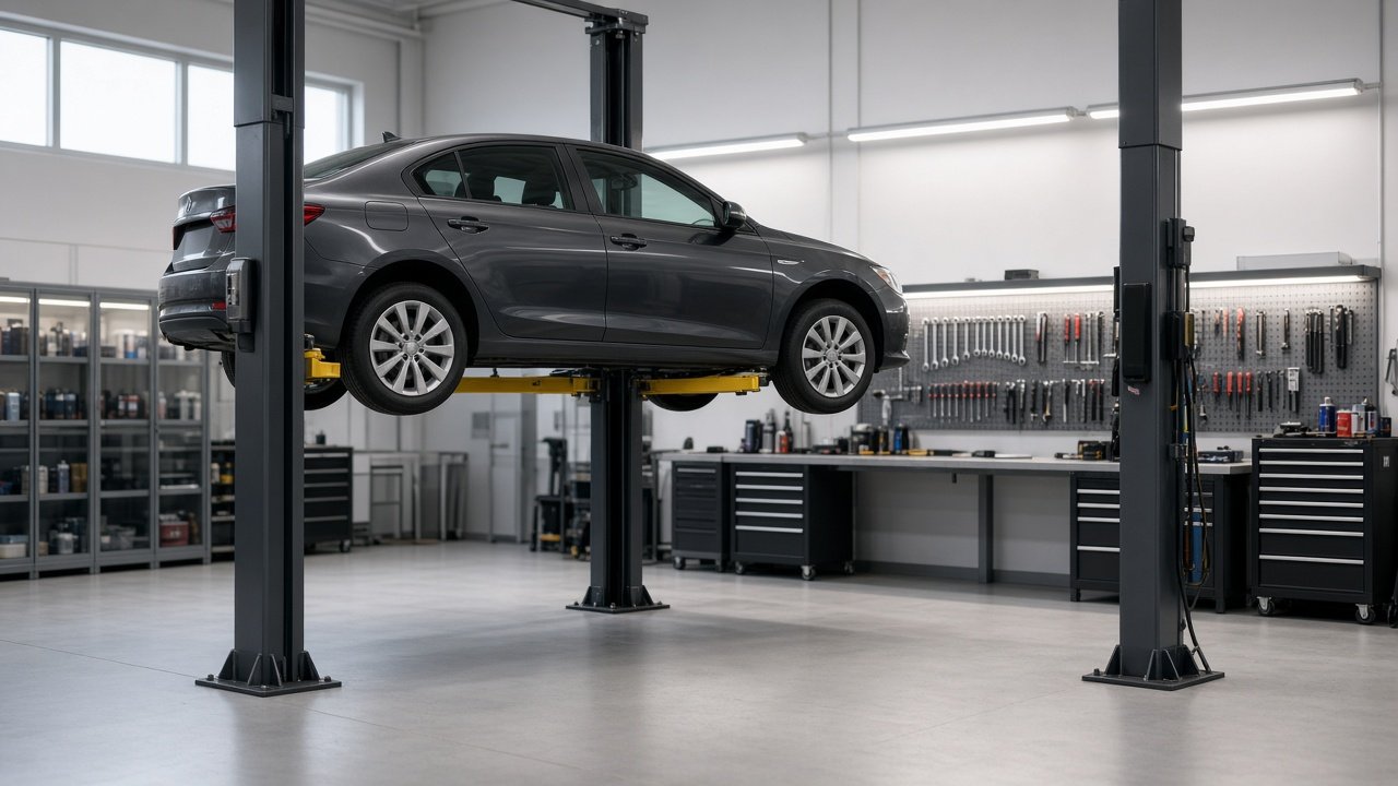 Voiture dans un atelier de garage lumineux, vue de profil, sans plaque d’immatriculation visible