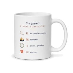 Verso du mug aide-soignante : « 12 km dans les couloirs, 38 sonnettes, 1 pause… peut-être »
