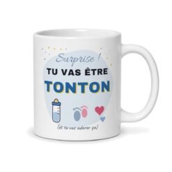 Mug futur tonton, face arrière : « Surprise ! Tu vas être tonton » avec biberon et petits pieds