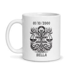 Mug signe astrologique Balance personnalisé – Prénom et date de naissance, céramique 330 ml – mug personnalisé