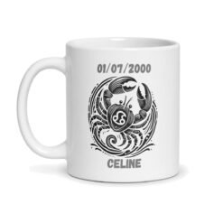 Mug signe astrologique Cancer personnalisé – Prénom et date de naissance, céramique 330 ml – mug personnalisé