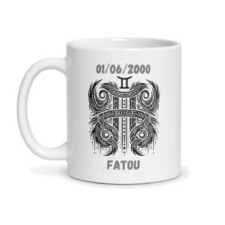 Mug signe astrologique Gémeaux personnalisé – Prénom et date de naissance, céramique 330 ml – mug personnalisé