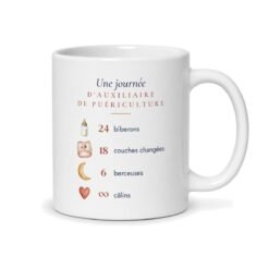Verso du mug auxiliaire de puériculture : 24 biberons, 18 couches changées, 6 berceuses