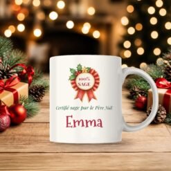 Mug Certifié sage par le Père Noël personnalisé prénom – mug sur une table de Noël