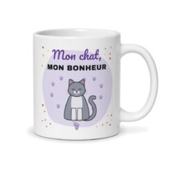 Mug chat, face arrière : chat gris souriant et pattes violettes, « Mon chat, mon bonheur »