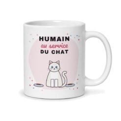 Mug chat personnalisé, face arrière : chat blanc entre deux gamelles, « Humain au service du chat »