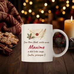 Mug Cher Père Noël personnalisé prénom humour – mug sur une table de Noël