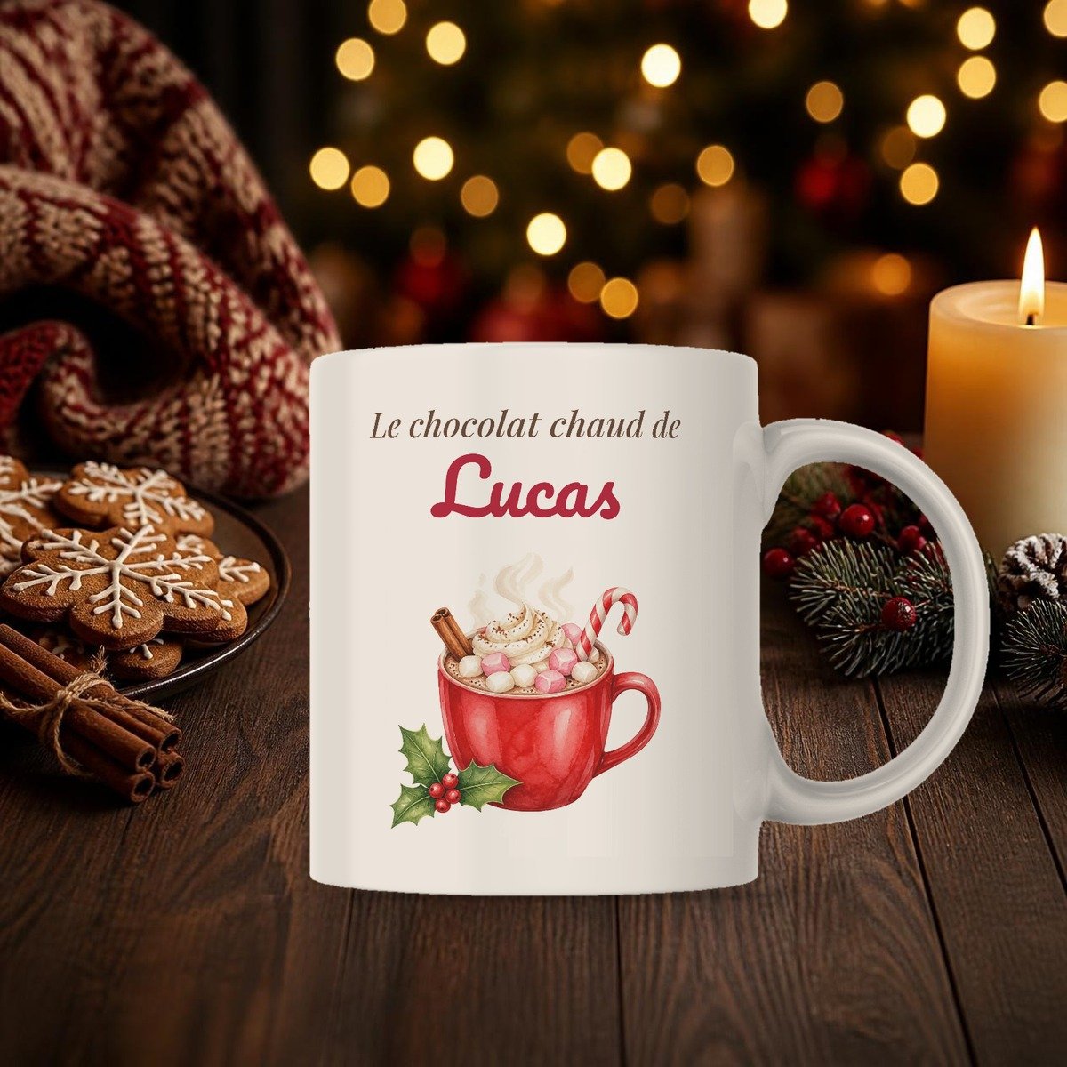 Mug Le chocolat chaud de… personnalisé au prénom Lucas, à côté de biscuits de Noël et d’une bougie