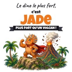 Visuel de la face avant du mug dino « Le dino le plus fort, c’est Jade » avec l’exemple Jade
