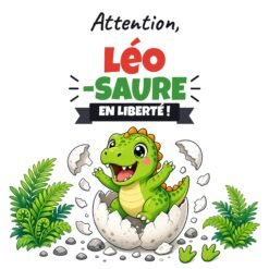 Visuel de la face avant du mug dinosaure prénom « Attention, Léo-saure ! » avec l’exemple Léo
