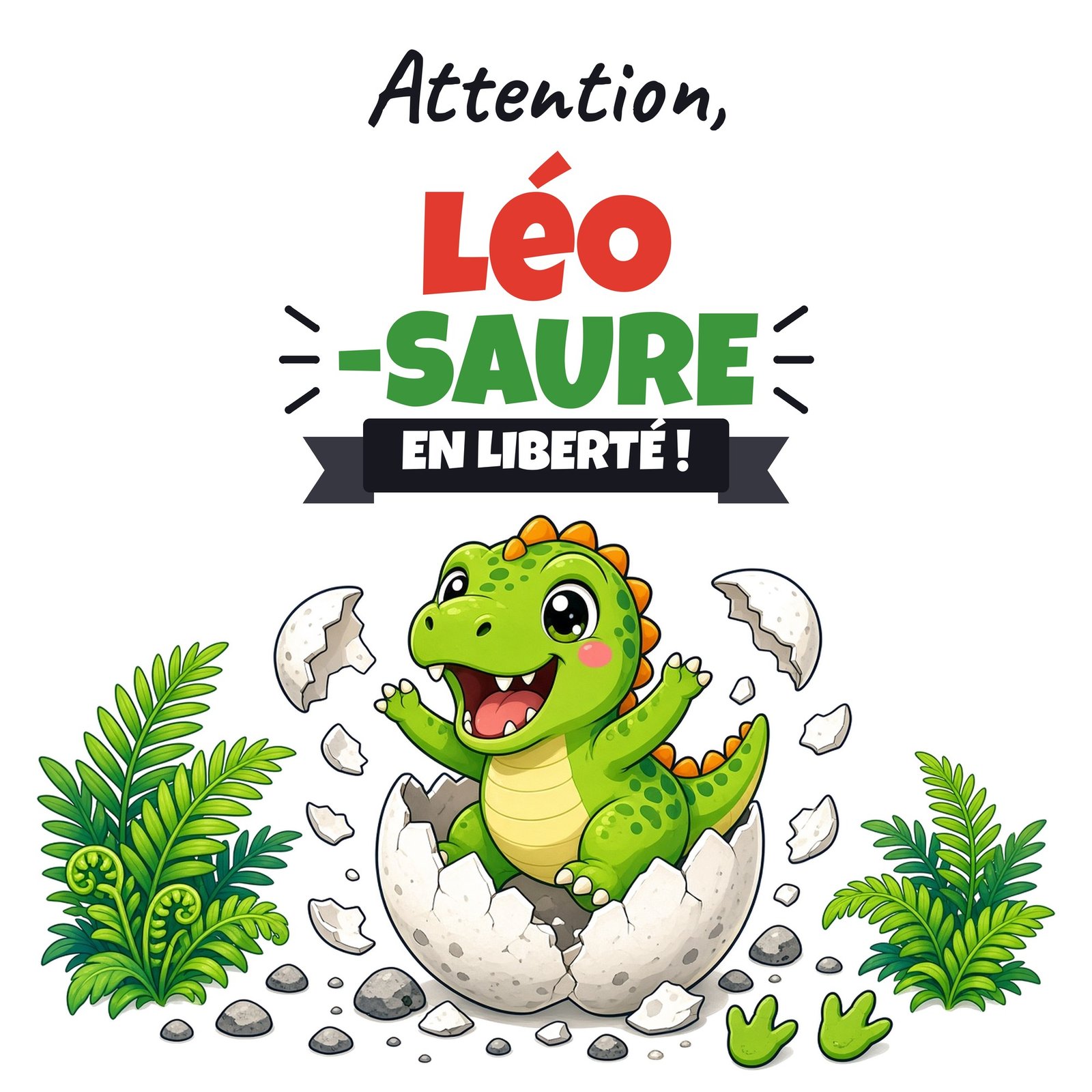 Visuel de la face avant du mug dinosaure prénom « Attention, Léo-saure ! » avec l’exemple Léo