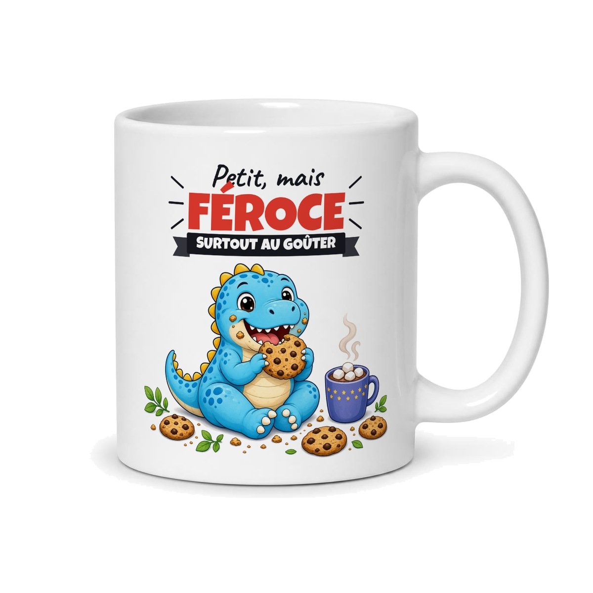Mug dinosaure prénom « Attention, Léo-saure ! », face arrière : petit T-rex bleu qui mange un cookie, « Petit, mais féroce, surtout au goûter »
