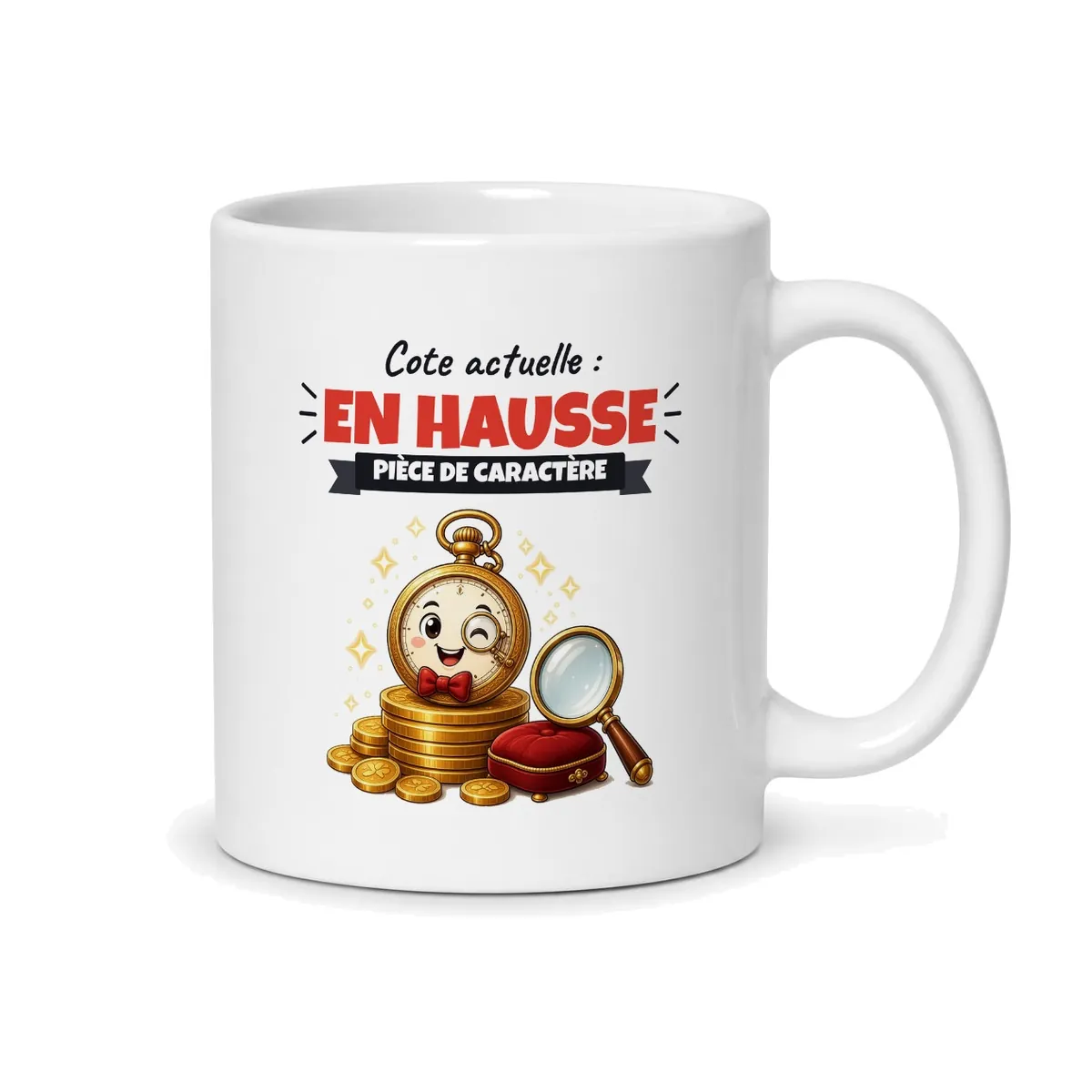 Mug drôle Cote actuelle en hausse pièce de caractère, vue du dos