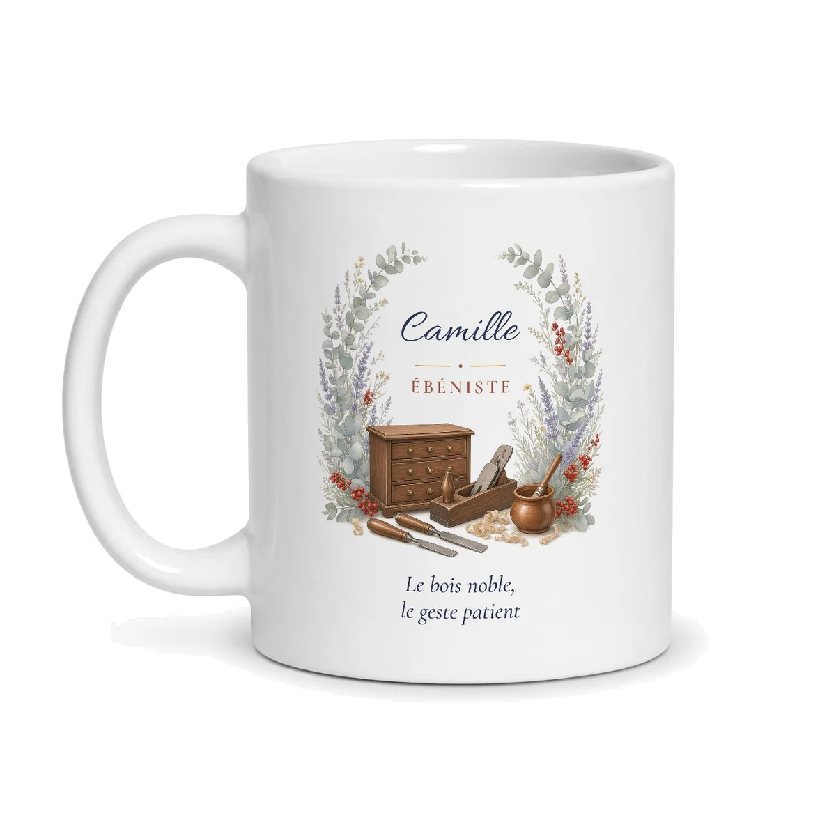 Mug ébéniste personnalisé prénom – mug blanc vu de face