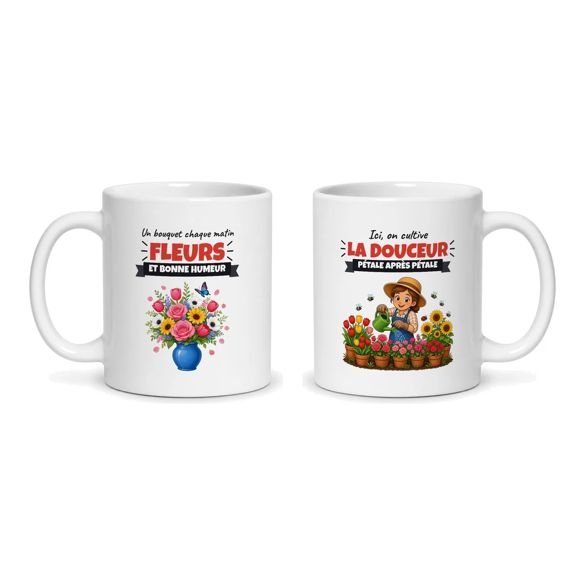 Mug fleurs – les deux faces du mug côte à côte