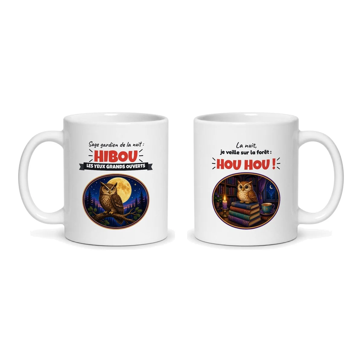 Mug hibou – les deux faces du mug côte à côte