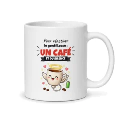 Mug humoristique collègue Pour réactiver la gentillesse un café et du silence, vue du dos