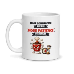 Mug humoristique collègue Mode gentillesse expirée mode patience désactivée, vue de face