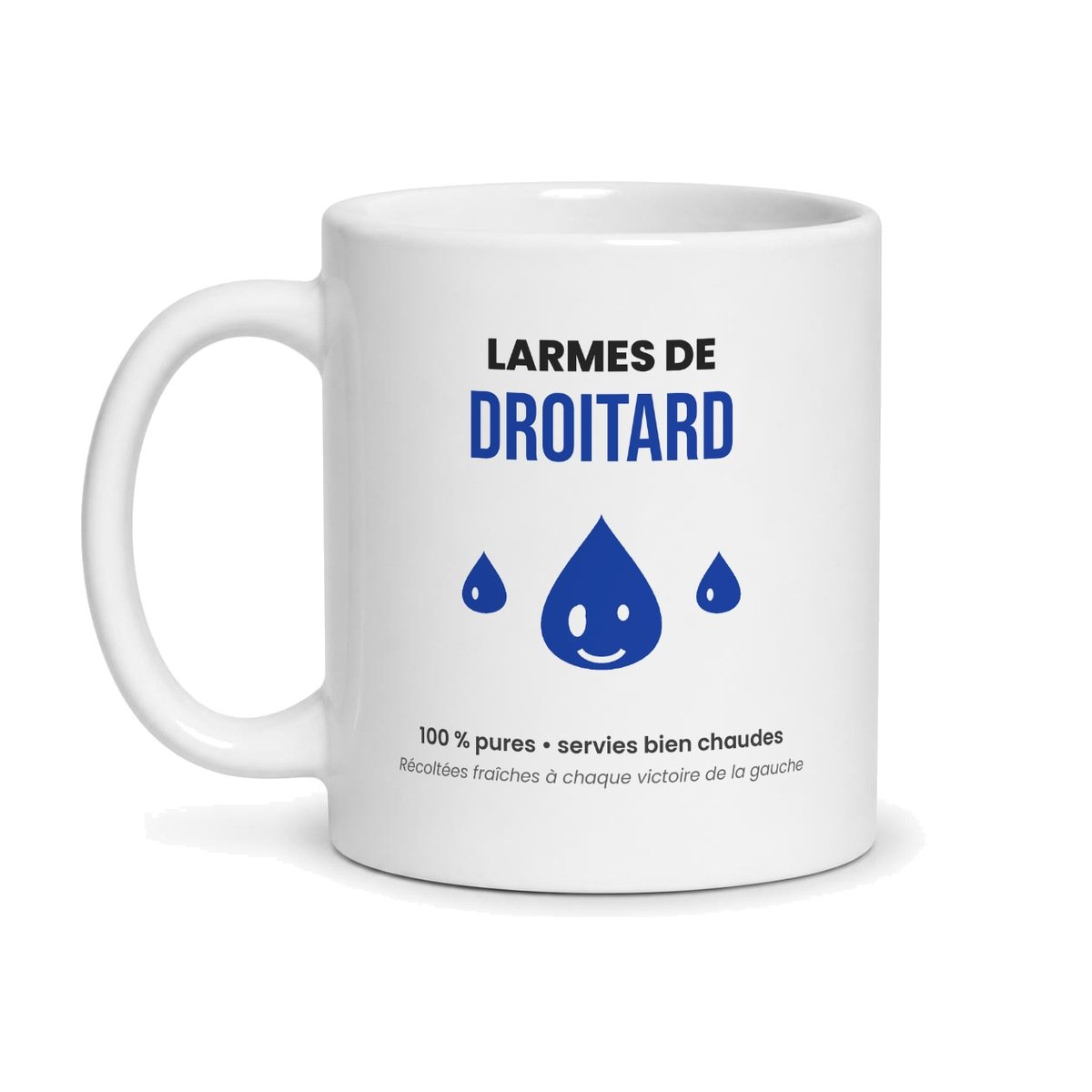 Mug Larmes de droitard, face avant : lettres bleues et trois gouttes souriantes